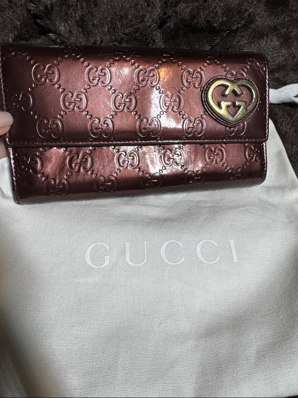 Gucci Metallic Burgundy Guccissima Leather Wallet with Heart GG & Dust Bag